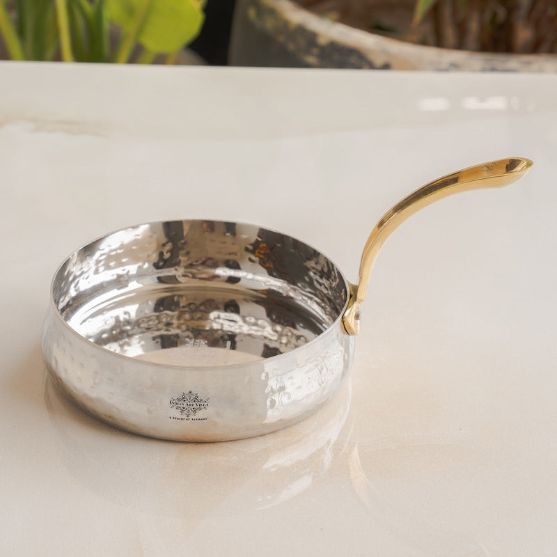 Pure Stainless Steel Curved Design Serving Sauce Pan with Brass Handle