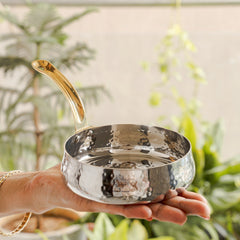 Pure Stainless Steel Curved Design Serving Sauce Pan with Brass Handle