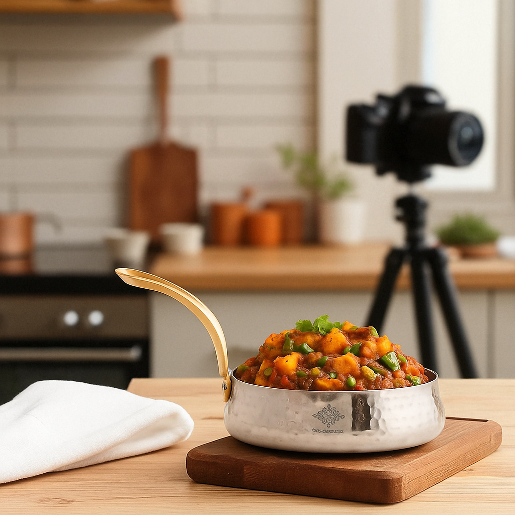 Pure Stainless Steel Curved Design Serving Sauce Pan with Brass Handle