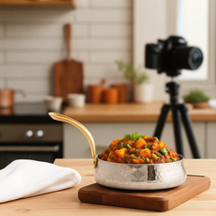 Pure Stainless Steel Curved Design Serving Sauce Pan with Brass Handle