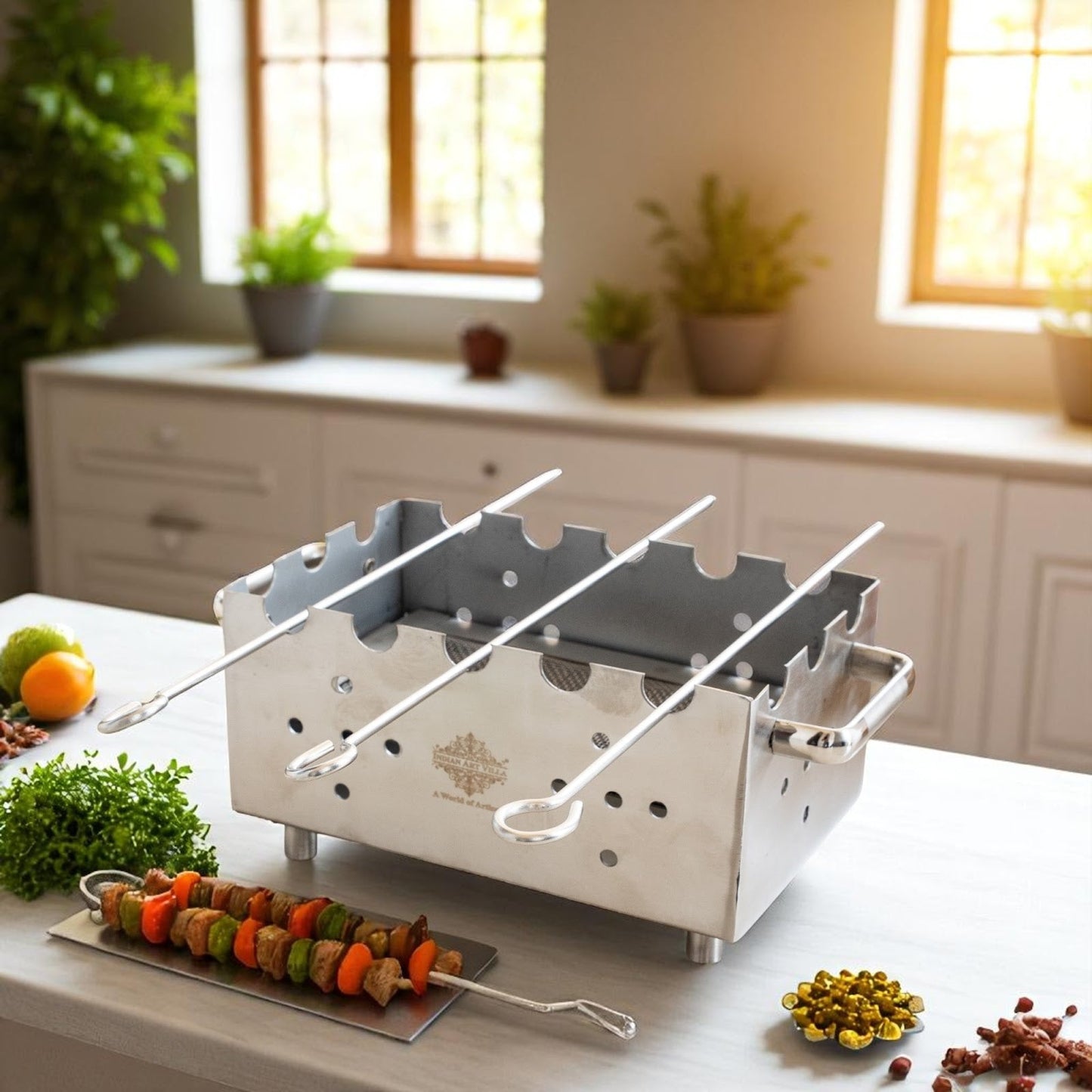 Steel Rectangular Barbecue Griller with 3 Skewers