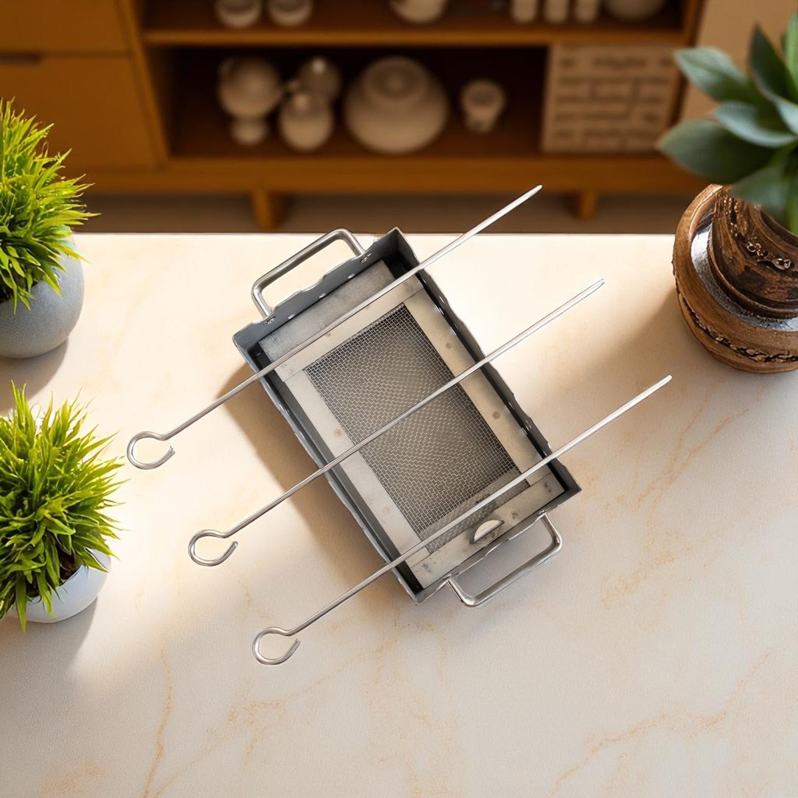 Steel Rectangular Barbecue Griller with 3 Skewers