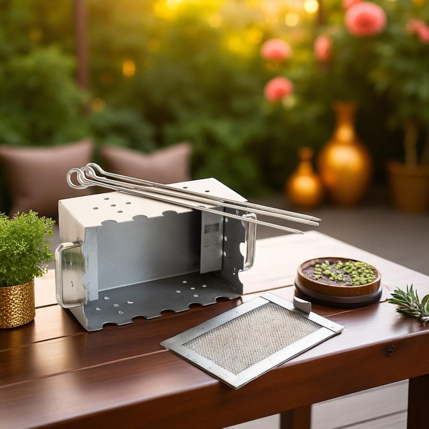 Steel Rectangular Barbecue Griller with 3 Skewers