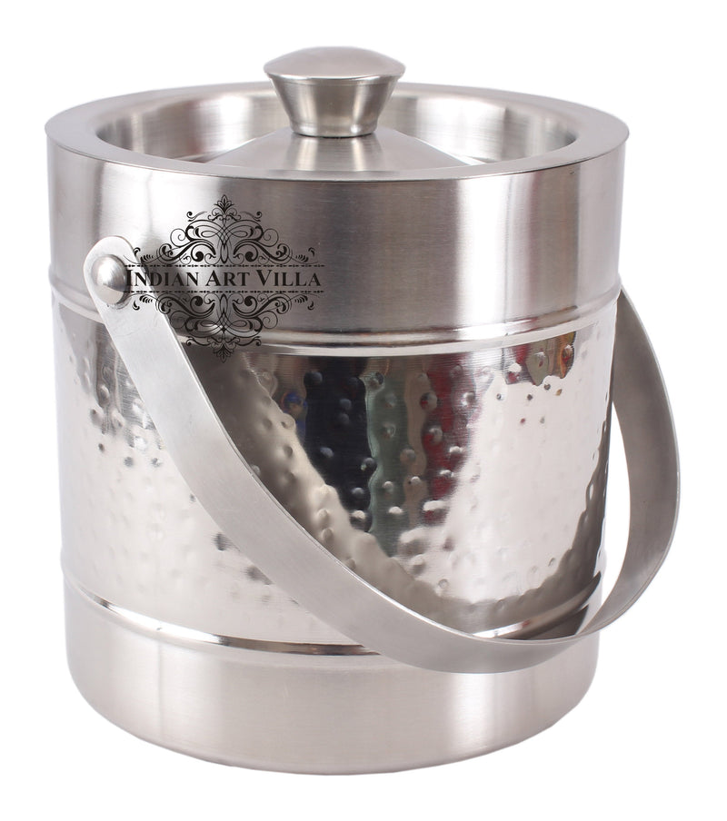 Pure Steel Hammered Ice Bucket with Lid - Storing Serving Ice Cubes