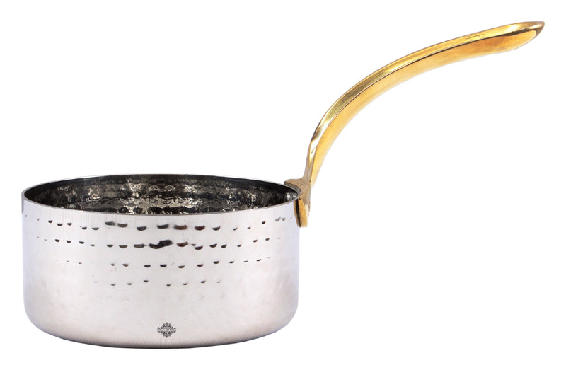 Handcrafted Pure Steel Hammered Design Curved Serving Fry Pan with Brass Handle