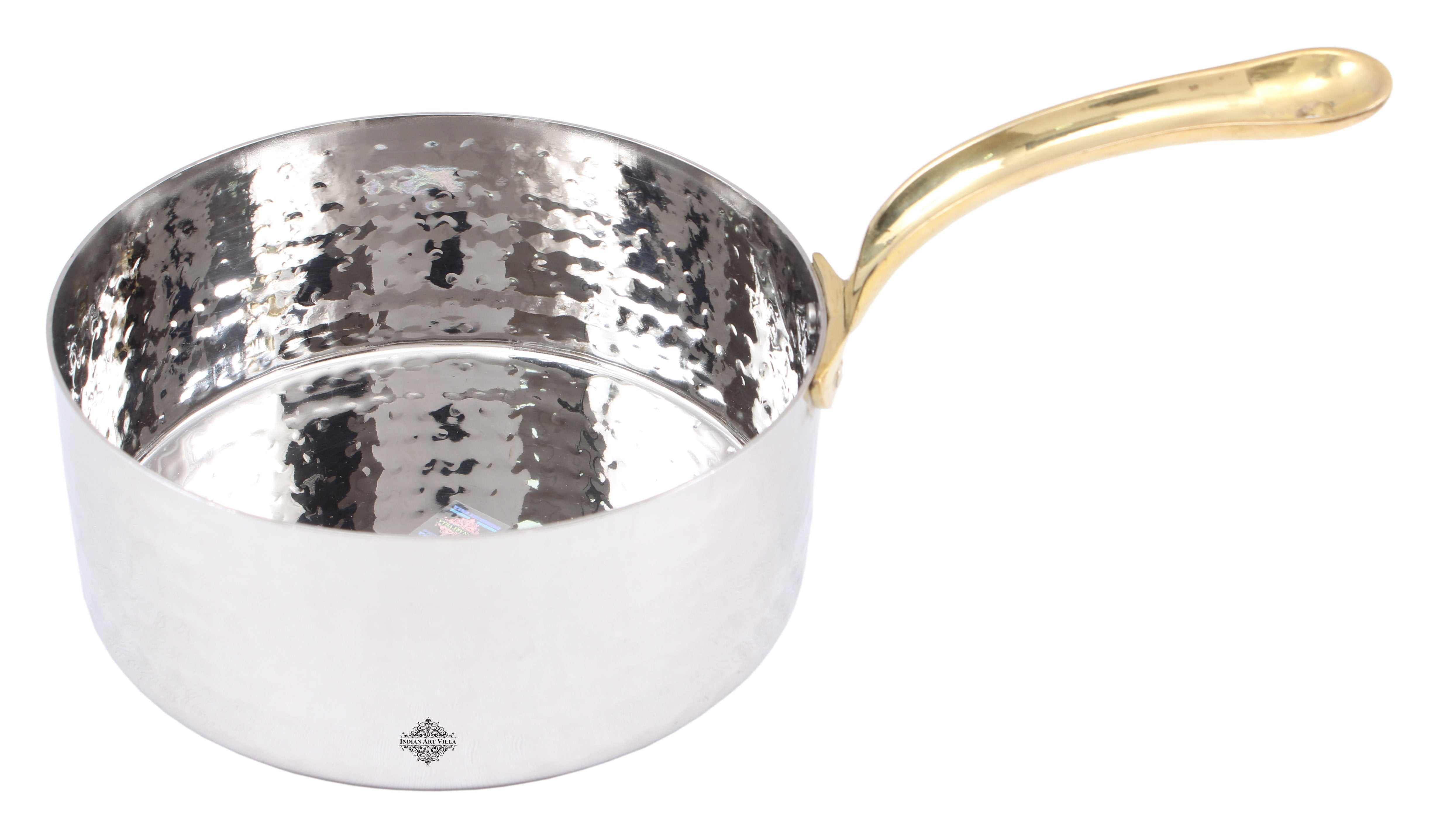 Handcrafted Pure Steel Hammered Design Curved Serving Fry Pan with Brass Handle