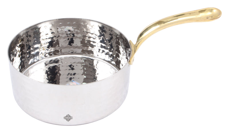 Handcrafted Pure Steel Hammered Design Curved Serving Fry Pan with Brass Handle