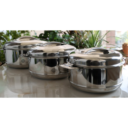 Stainless Steel Set of 3 Casseroles – Durable, Stylish, and Perfect for Every Occasion, Tableware & Serveware For Home, Hotel & Restaurants, Volume - 800 ML + 1250 ML + 2000 ML