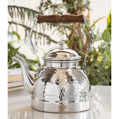 Stainless Steel Tea Kettle with Hammered Design Wooden Grip Handle – 1.5 L
