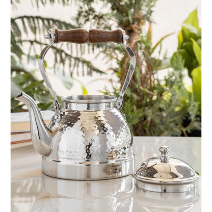 Stainless Steel Tea Kettle with Hammered Design Wooden Grip Handle – 1.5 L