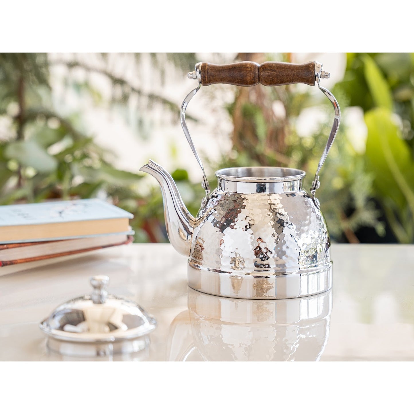 Stainless Steel Tea Kettle with Hammered Design Wooden Grip Handle – 1.5 L