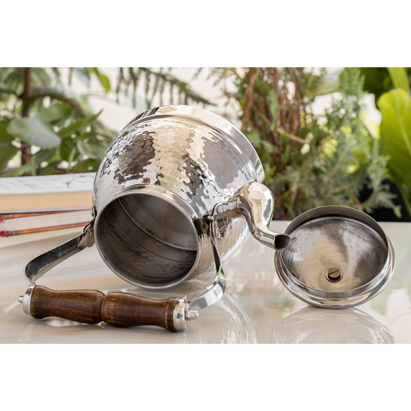 Stainless Steel Tea Kettle with Hammered Design Wooden Grip Handle – 1.5 L