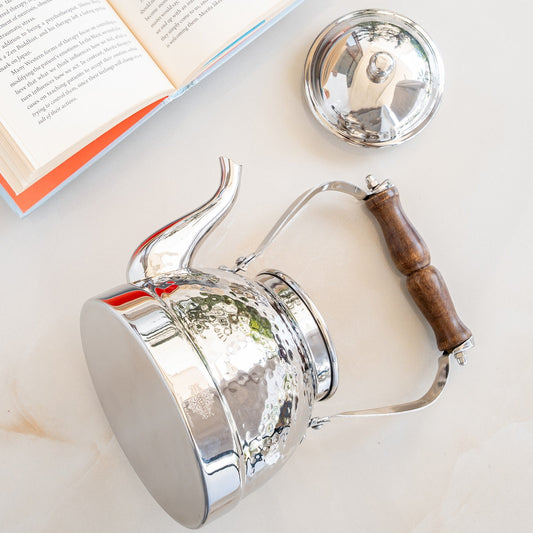 Stainless Steel Tea Kettle with Hammered Design Wooden Grip Handle – 1.5 L