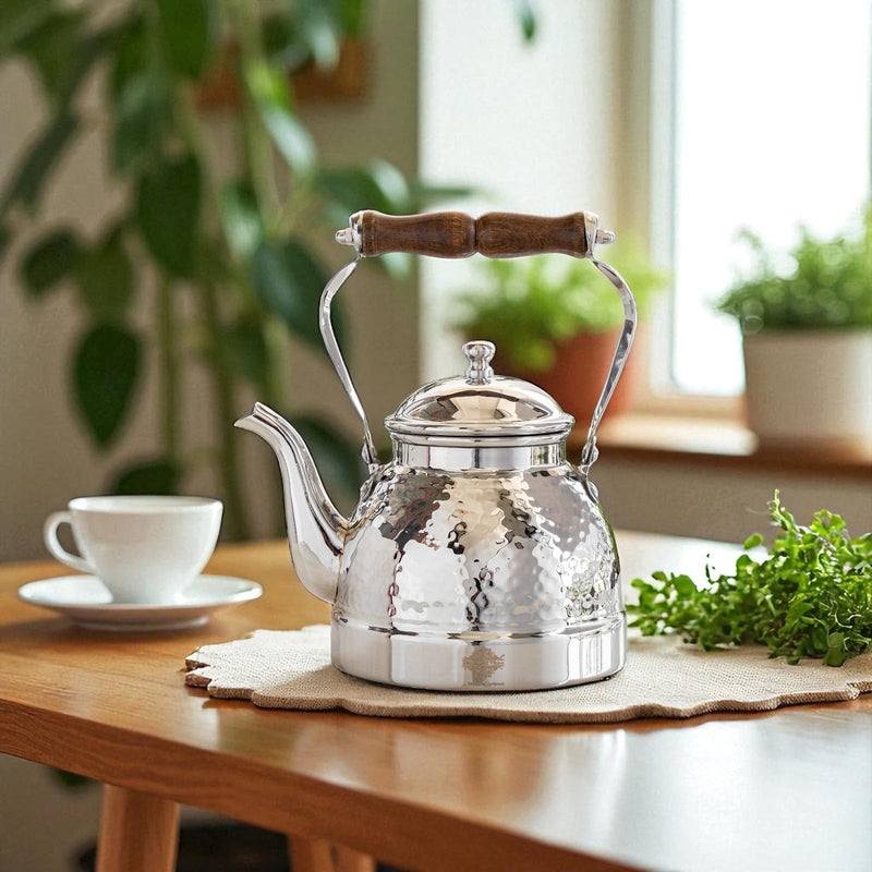 Stainless Steel Tea Kettle with Hammered Design Wooden Grip Handle – 1.5 L