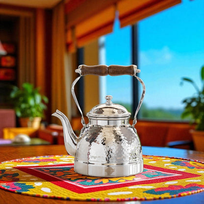 Stainless Steel Tea Kettle with Hammered Design Wooden Grip Handle – 1.5 L