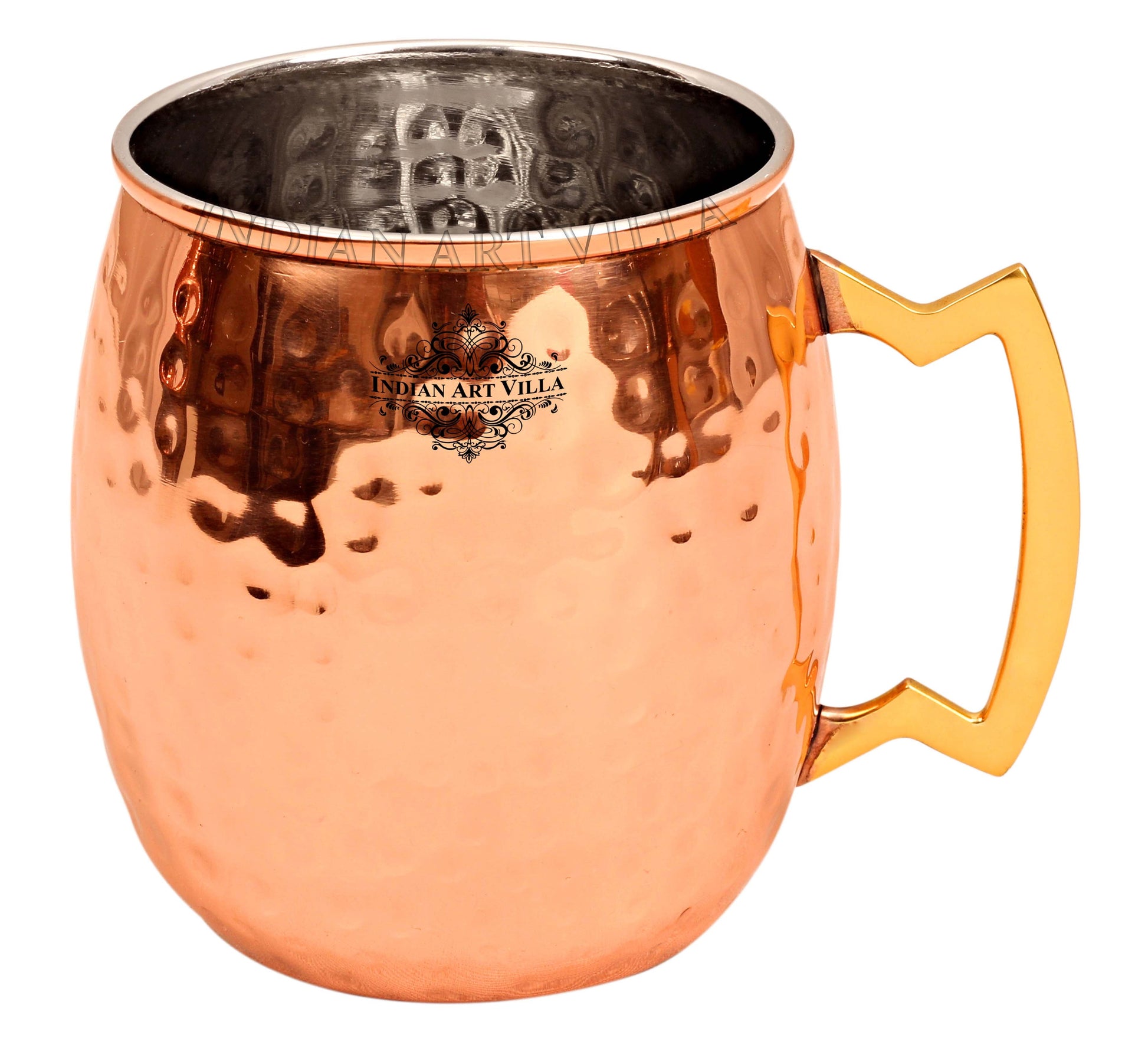Steel Copper Hammered Round Shaped Moscow Mule, Beer Mug with Designer Brass Handle, 600ml