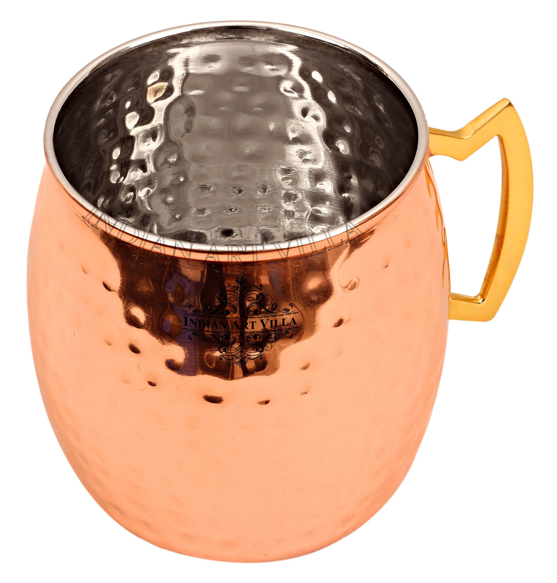 Steel Copper Hammered Round Shaped Moscow Mule, Beer Mug with Designer Brass Handle, 600ml