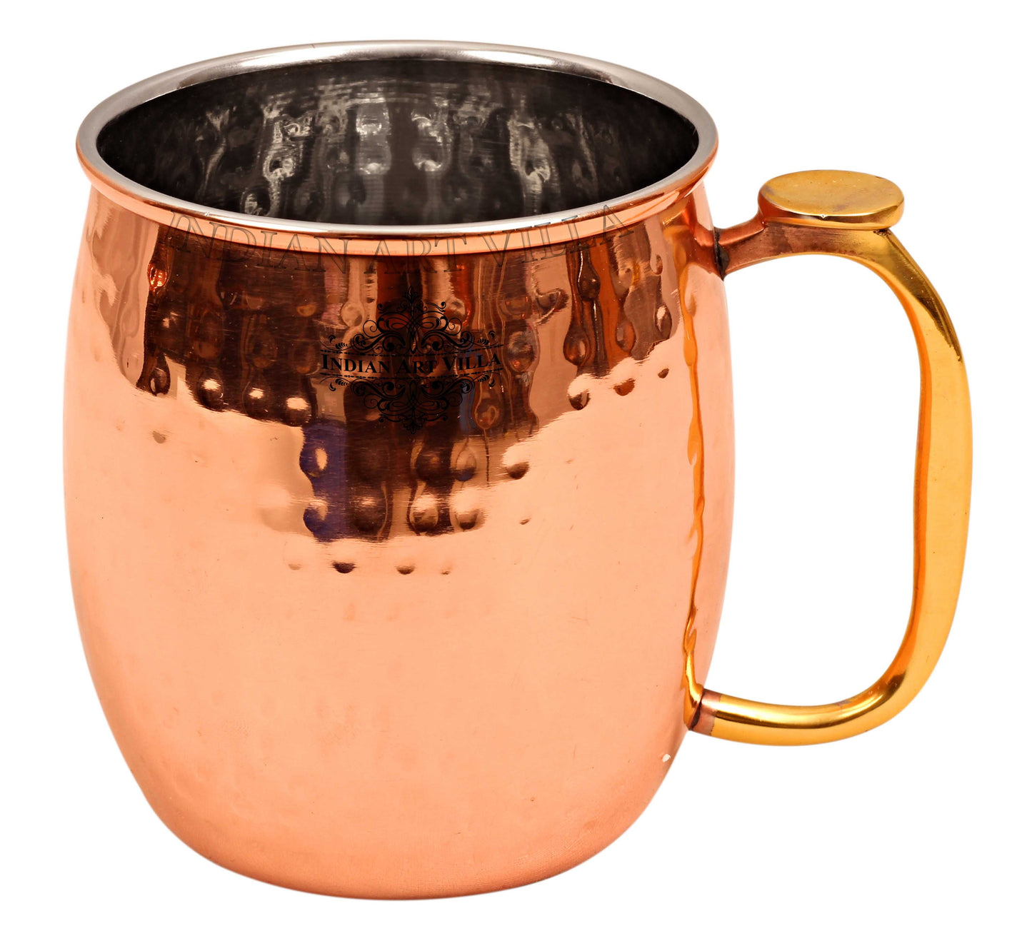 Steel Copper Hammered Round Shaped Moscow Mule, Beer Mug with Thumb rest Brass Handle, 650ml