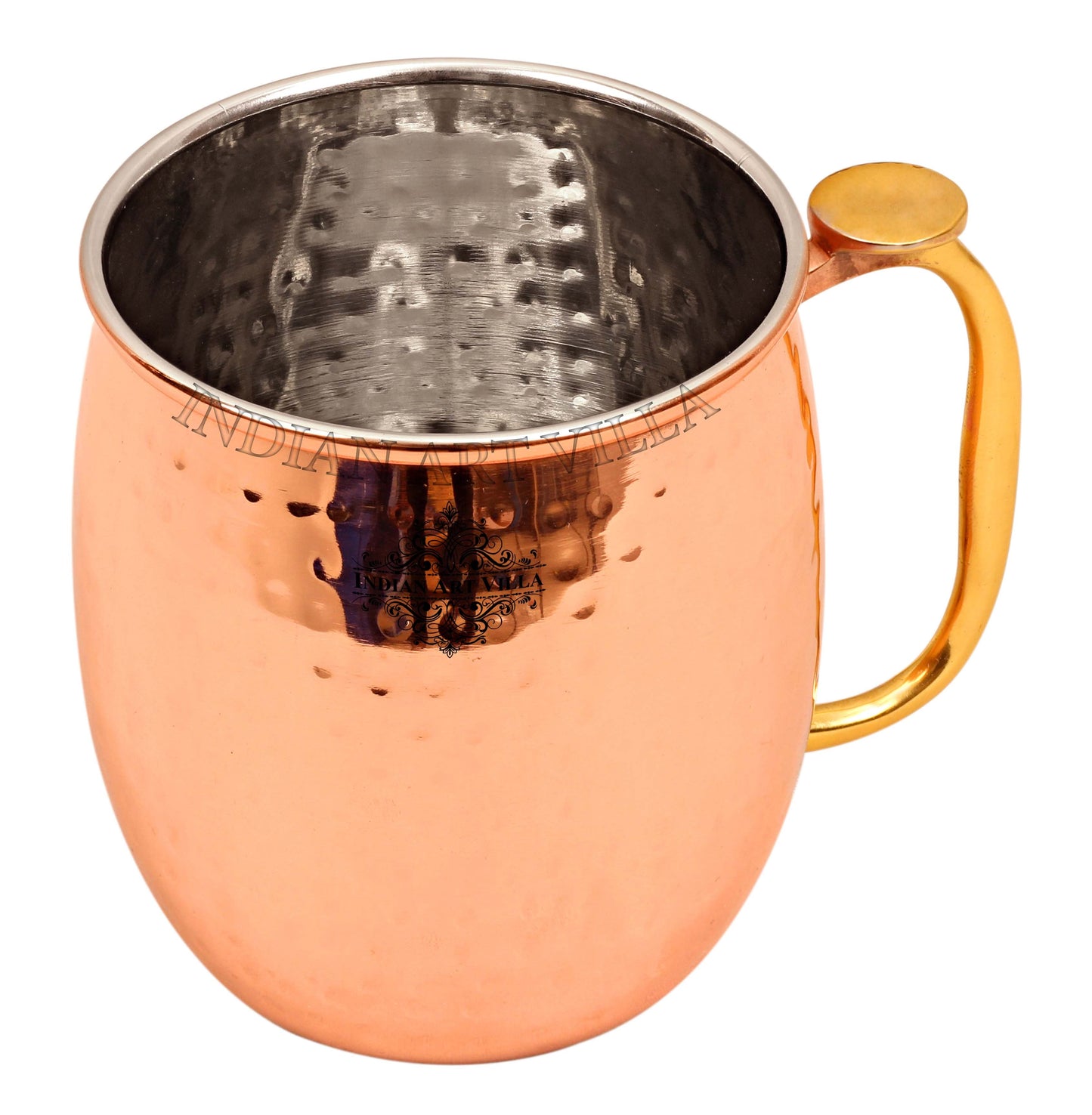 Steel Copper Hammered Round Shaped Moscow Mule, Beer Mug with Thumb rest Brass Handle, 650ml