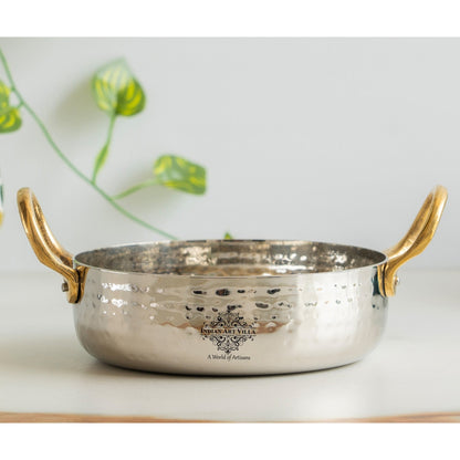 Stainless Steel Hammered Sauce Pan/Bowl with Brass Handles, Ideal for Sauces, Soups, Gravies, and Cooking