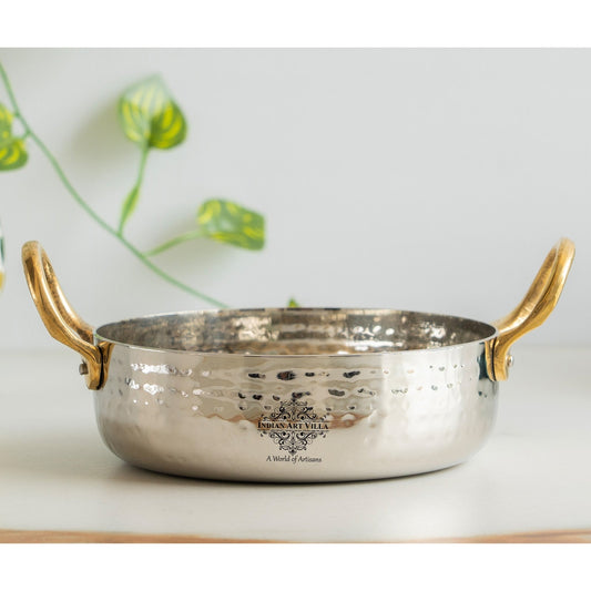 Stainless Steel Hammered Sauce Pan/Bowl with Brass Handles, Ideal for Sauces, Soups, Gravies, and Cooking