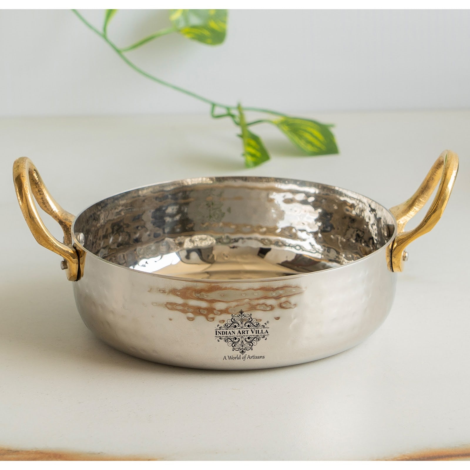 Stainless Steel Hammered Sauce Pan/Bowl with Brass Handles, Ideal for Sauces, Soups, Gravies, and Cooking