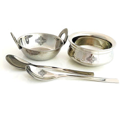 Set of Stainless Steel D/W Hammered Design Handi No.2, Kadhai No.2, Serving Spoon x2, 4 Pieces Set