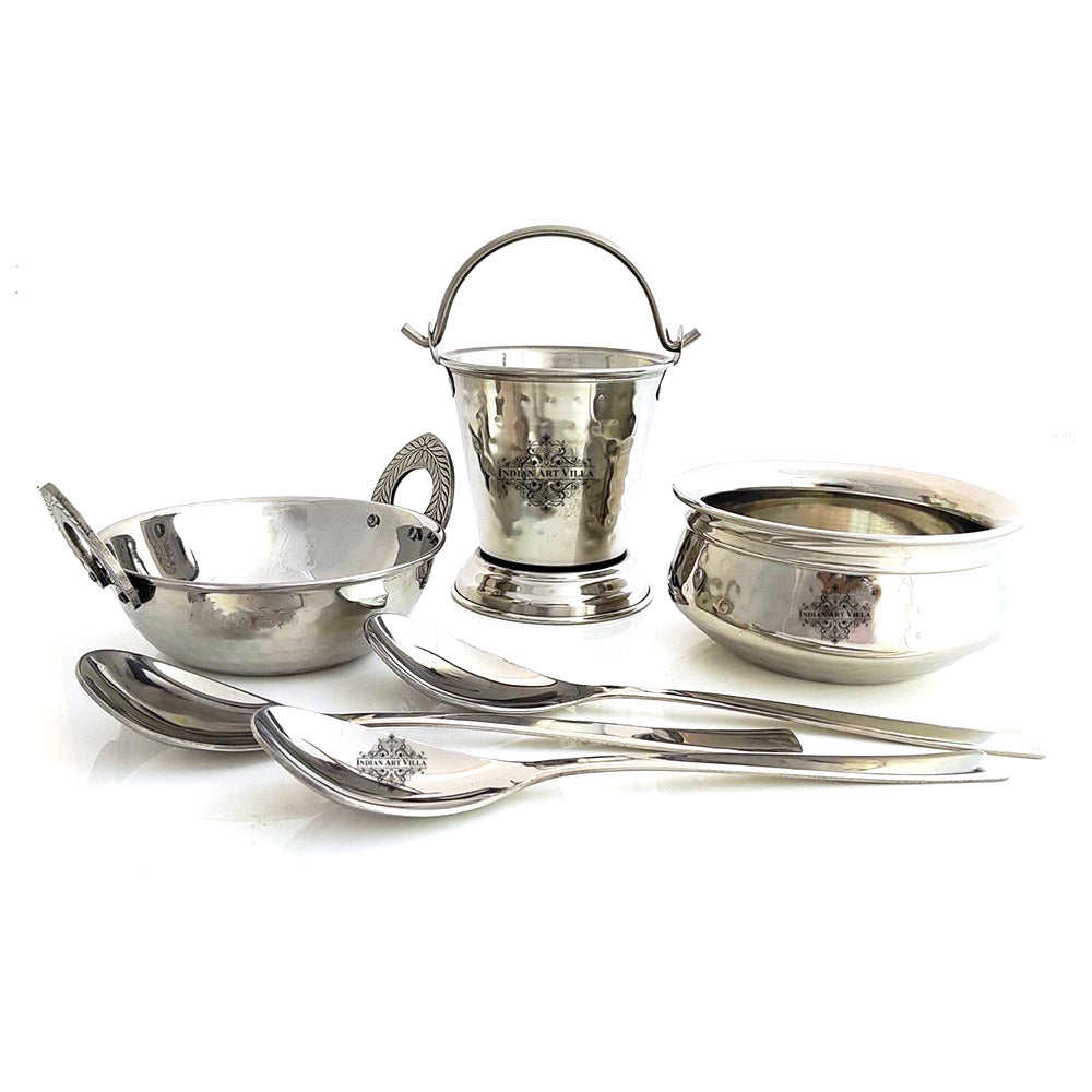 Set of Stainless Steel D/W Hammered Design Handi No.2, Kadhai No.2, Bucket No.1, Serving Spoon x3, 6 Pieces Set