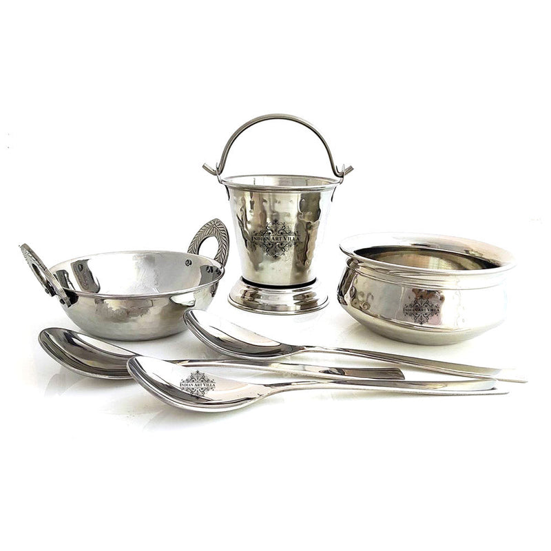 Set of Stainless Steel D/W Hammered Design Handi No.2, Kadhai No.2, Bucket No.1, Serving Spoon x3, 6 Pieces Set