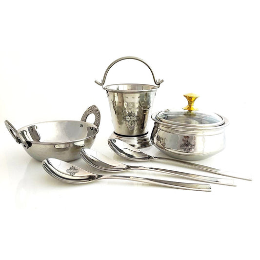Set of Stainless Steel D/W Hammered Design Handi No.2, Glass Lid No.2, Kadhai No.2, Bucket No.1, Serving Spoon x3, 7 Pieces Set