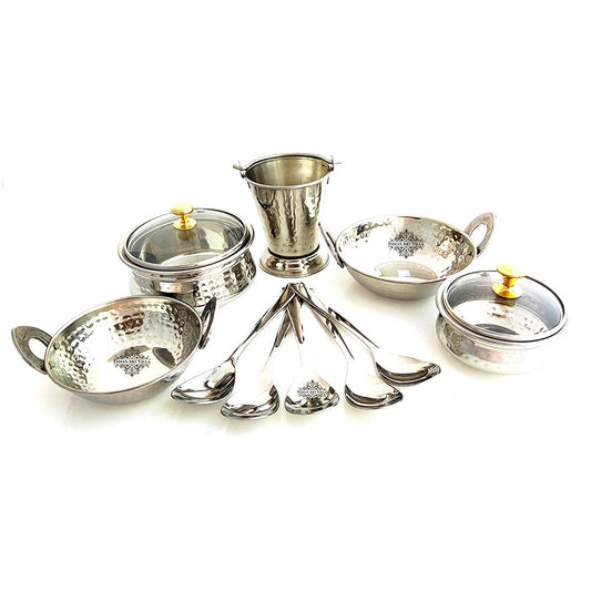 Set of Stainless Steel D/W Hammered Design, Handi No.1,2 with Glass Lid, Kadhai No.1,2, Bucket No.1 & Serving Spoon x5, 12 Pieces Set