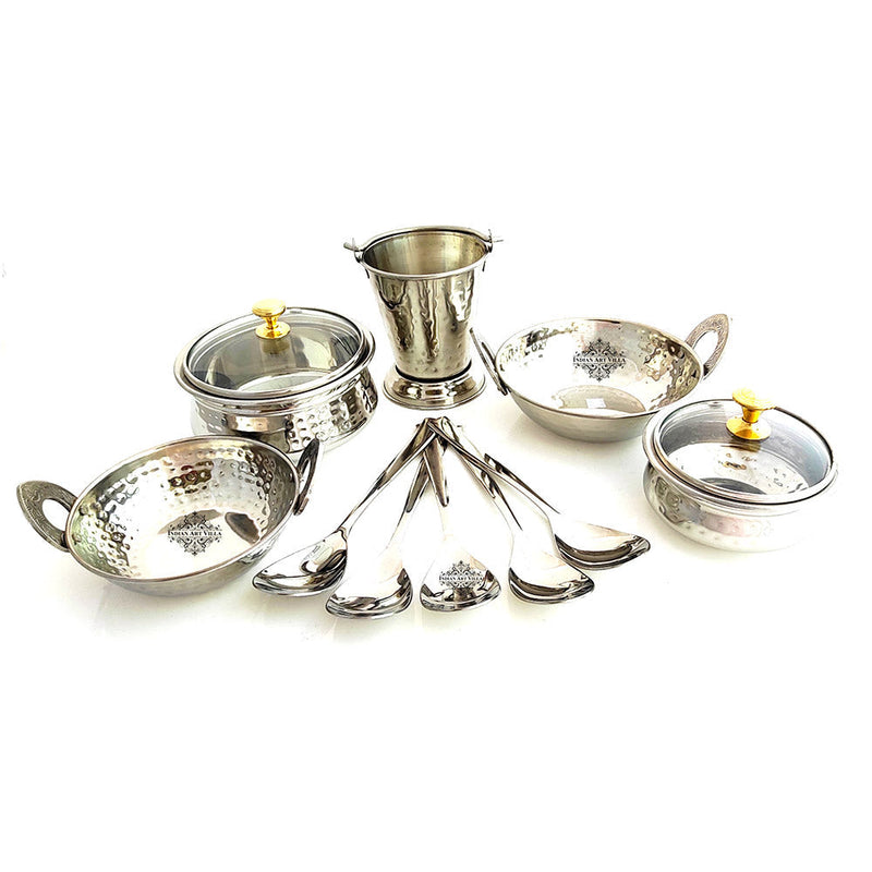Set of Stainless Steel D/W Hammered Design, Handi No.1,2 with Glass Lid, Kadhai No.1,2, Bucket No.1 & Serving Spoon x5, 12 Pieces Set