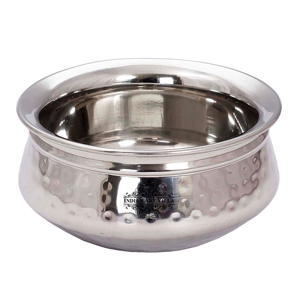 Set of Stainless Steel D/W Hammered Design, Handi No.1,2 with Glass Lid, Kadhai No.1,2, Bucket No.1 & Serving Spoon x5, 12 Pieces Set