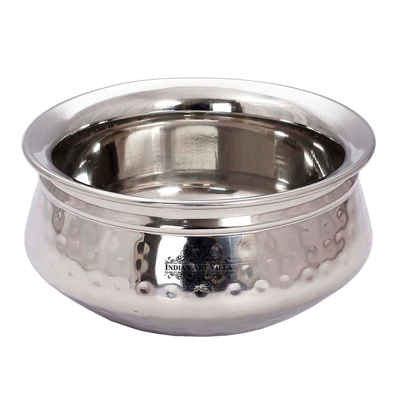 Set of Stainless Steel D/W Hammered Design, Handi No.1,2 with Glass Lid, Kadhai No.1,2, Bucket No.1 & Serving Spoon x5, 12 Pieces Set