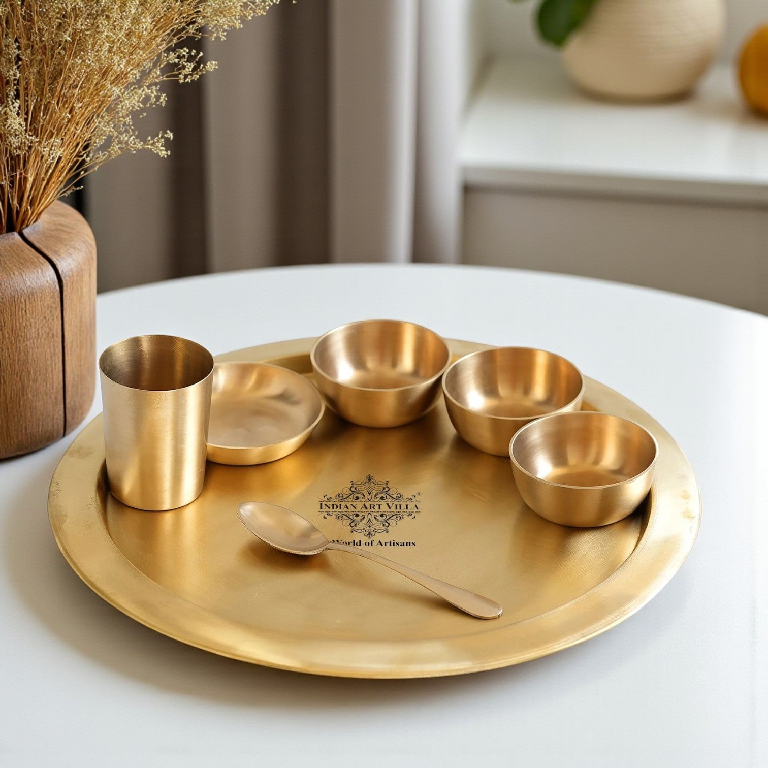 Pure Brass Matt Finish 7 Pieces Dinner Set / Thali Set, Includes 1 Plate, 3 Bowls, 1 Halwa Plate, 1 Spoon & 1 Glass, Elegant & Functional Traditional Dinnerware