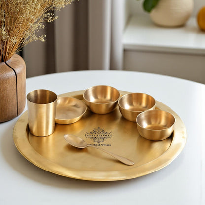 Pure Brass Matt Finish 7 Pieces Dinner Set / Thali Set, Includes 1 Plate, 3 Bowls, 1 Halwa Plate, 1 Spoon & 1 Glass, Elegant & Functional Traditional Dinnerware