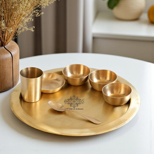 Pure Brass Matt Finish 7 Pieces Dinner Set / Thali Set, Includes 1 Plate, 3 Bowls, 1 Halwa Plate, 1 Spoon & 1 Glass, Elegant & Functional Traditional Dinnerware