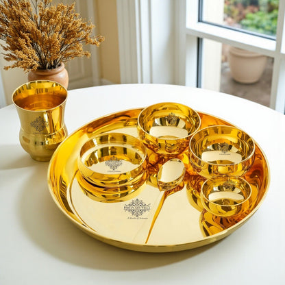 Pure Brass Dinner Set Shine FInish Design Set of 7 Piece, 30.48 cm thali