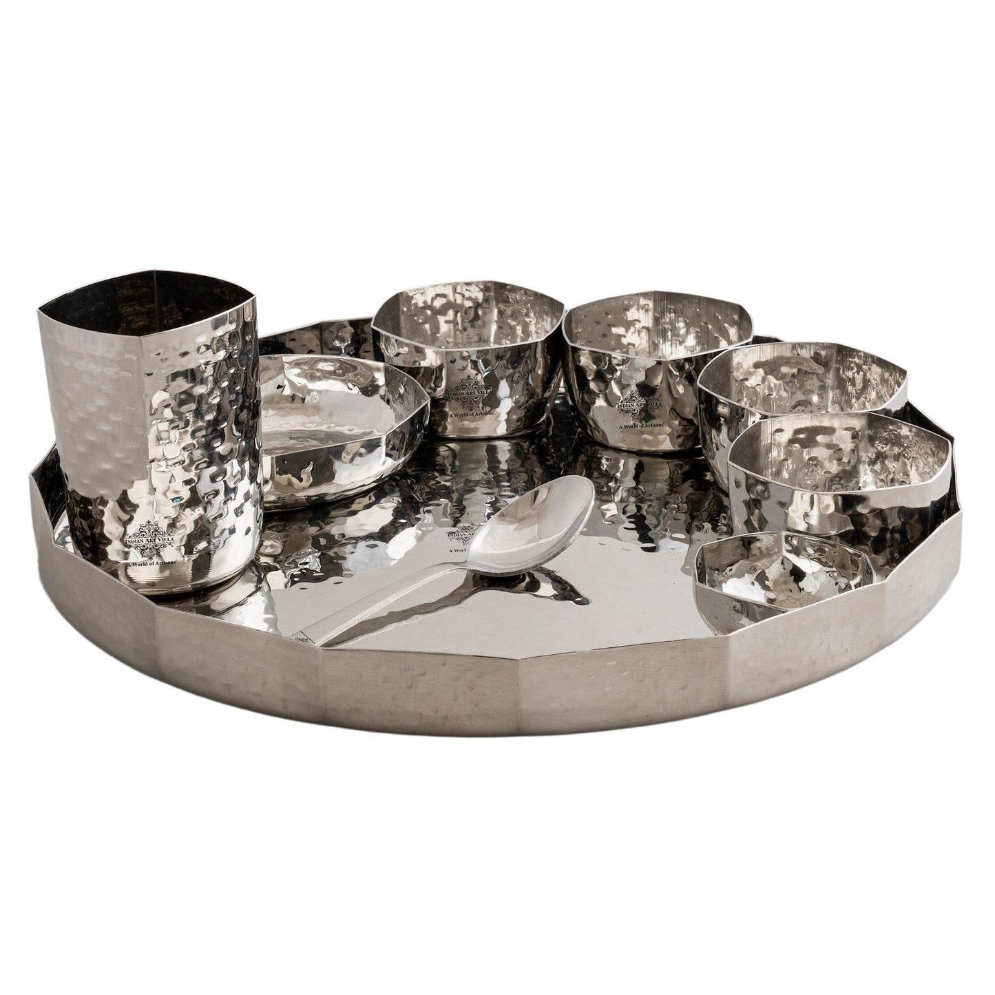 Stainless Steel Dinner Set With Hammered Finish Premium Design 9 Pcs Thali Set