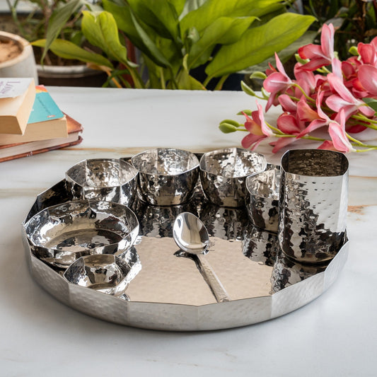 Stainless Steel Dinner Set With Hammered Finish Premium Design 9 Pcs Thali Set