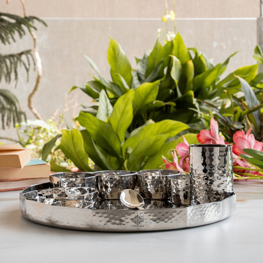 Stainless Steel Dinner Set With Hammered Finish Premium Design 9 Pcs Thali Set