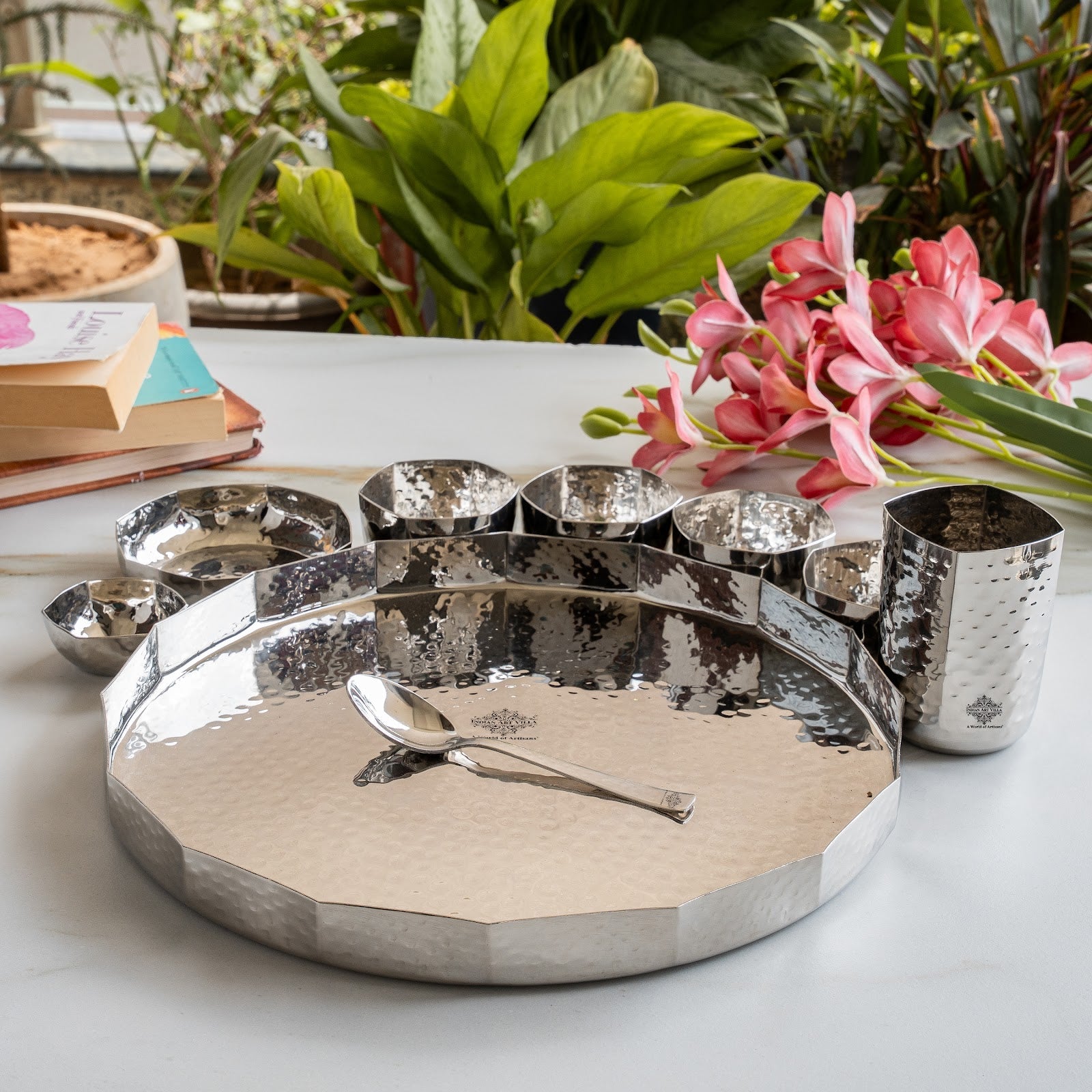 Stainless Steel Dinner Set With Hammered Finish Premium Design 9 Pcs Thali Set