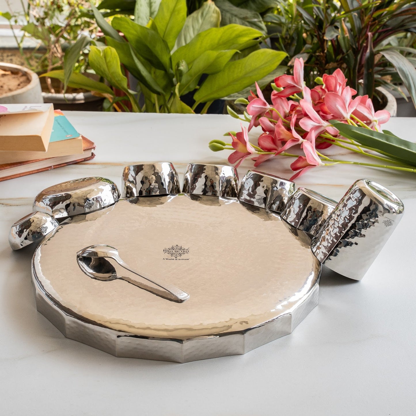 Stainless Steel Dinner Set With Hammered Finish Premium Design 9 Pcs Thali Set