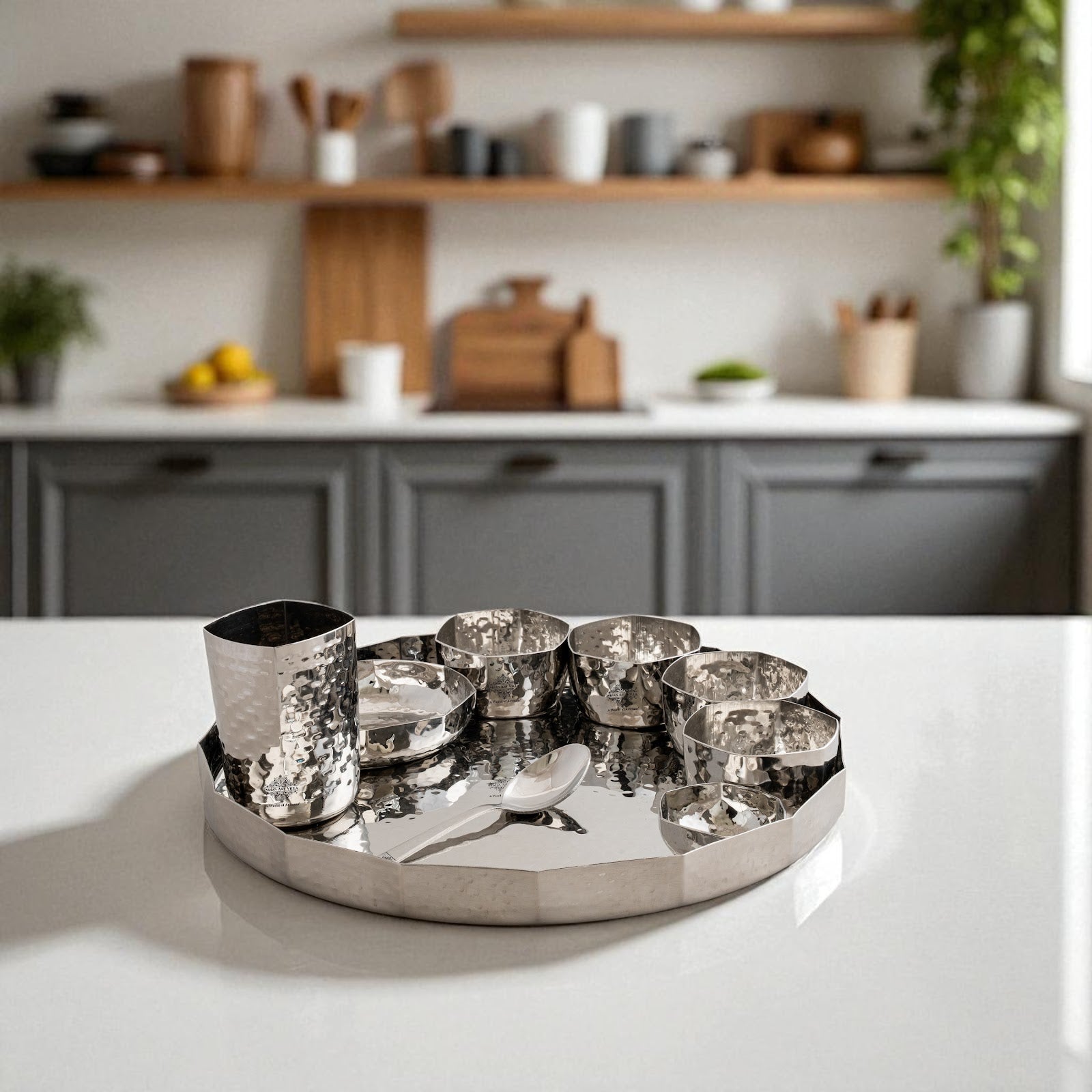 Stainless Steel Dinner Set With Hammered Finish Premium Design 9 Pcs Thali Set