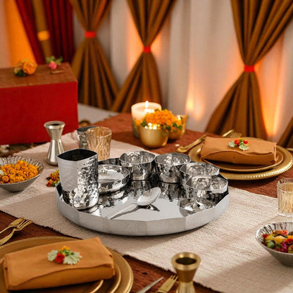 Stainless Steel Dinner Set With Hammered Finish Premium Design 9 Pcs Thali Set