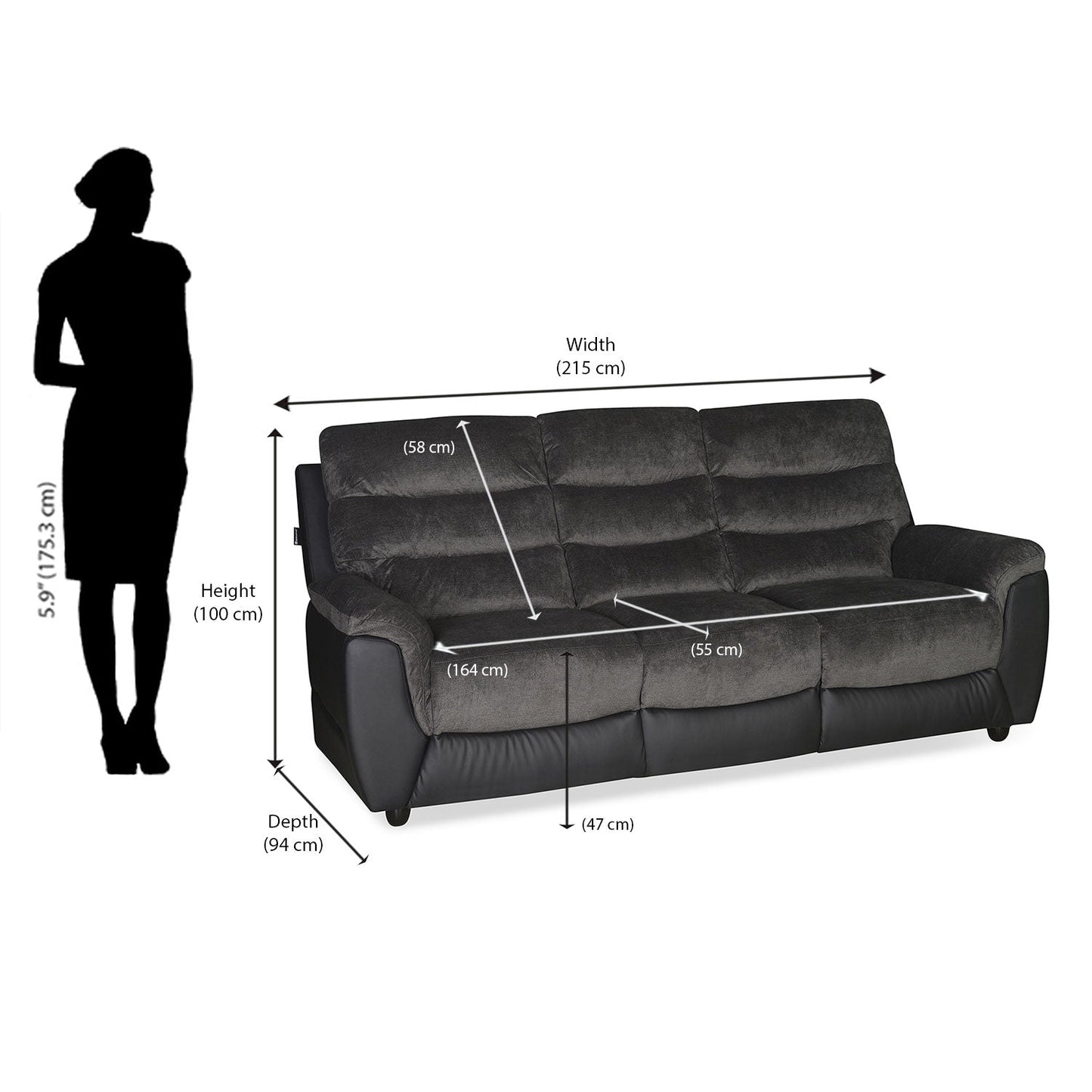 Nilkamal Chris Fabric 3 Seater Sofa (Black / Grey)