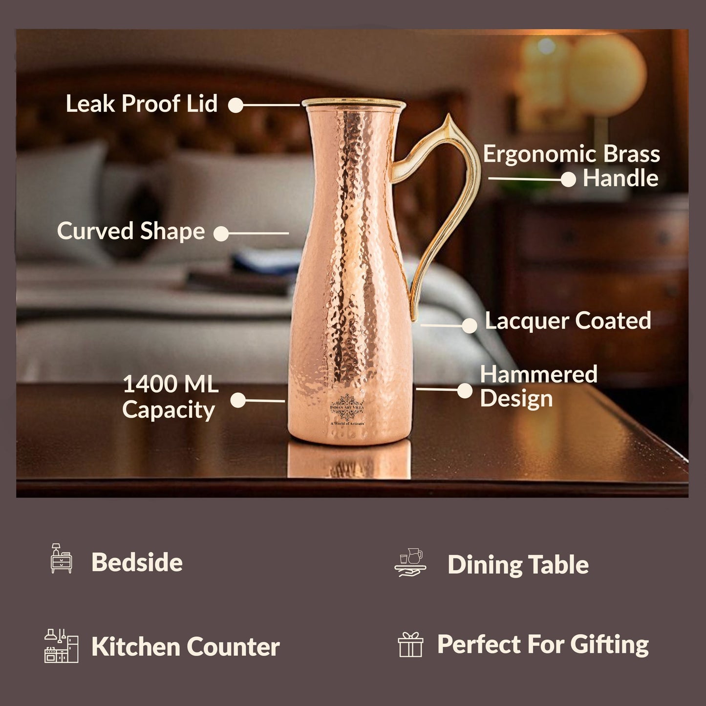 Copper Jug with Hammered Curve Design, Brass Handle & Lid – 1400 ML