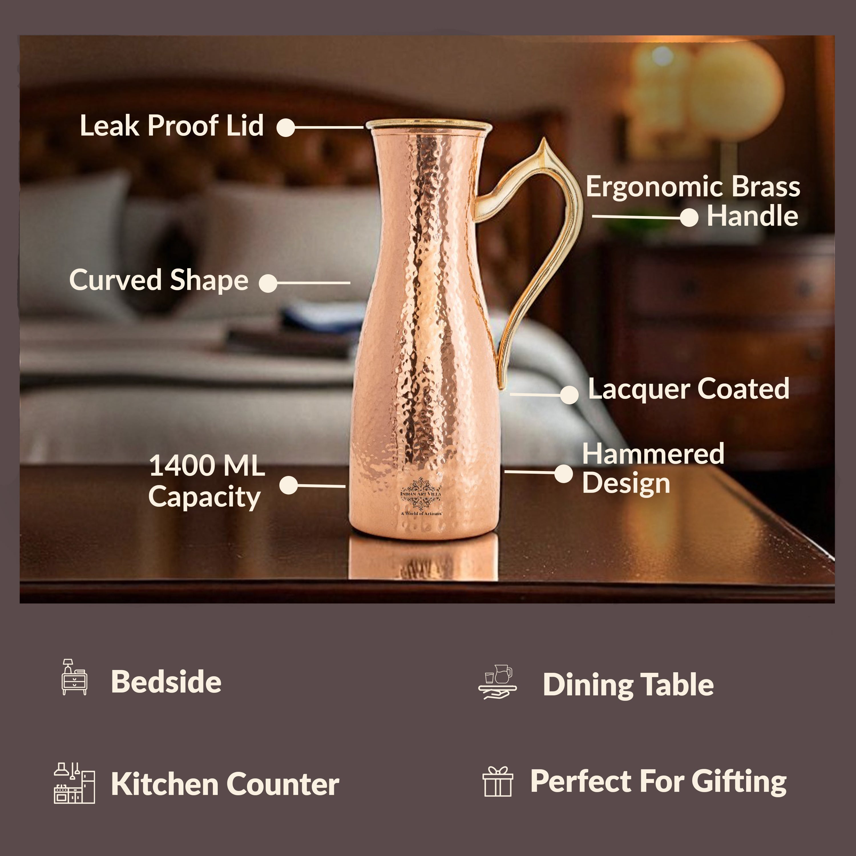 Copper Jug with Hammered Curve Design, Brass Handle & Lid – 1400 ML