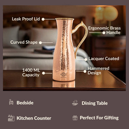 Copper Jug with Hammered Curve Design, Brass Handle & Lid – 1400 ML
