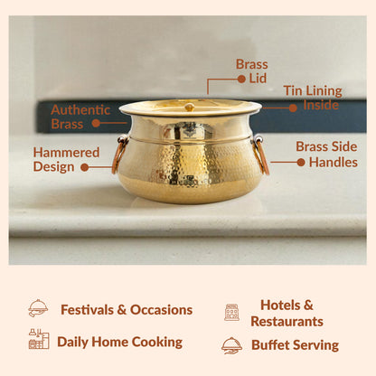 Brass Hammered Lagan Handi With Handle With Tin Lining  & Lid Cover